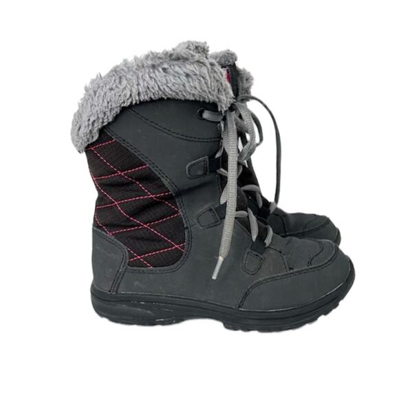 Columbia charcoal gray pink faux fur trim winter lace up ankle snow boots size 1 - Picture 1 of 10